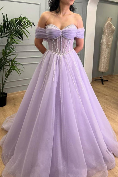 Tiffany | Lavender Beaded A-Line Tulle Prom Dress with Off Shoulder