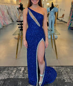 Orange One Sholder Sequins Mermaid Prom Dresses with Slit