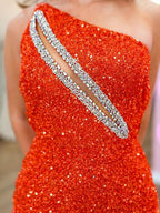 Orange One Sholder Sequins Mermaid Prom Dresses with Slit