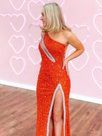 Orange One Sholder Sequins Mermaid Prom Dresses with Slit
