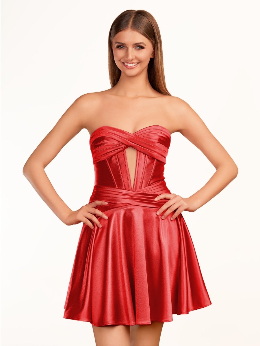 Sevoba|A-line Strapless Fuchsia Pleated Homecoming Dress with Keyhole