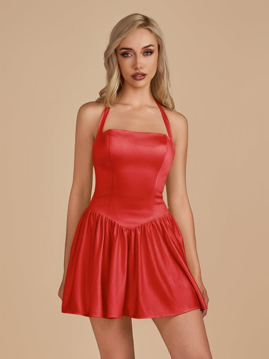 Sevoba|Red - Halter A Line Satin Short Homecoming Dress