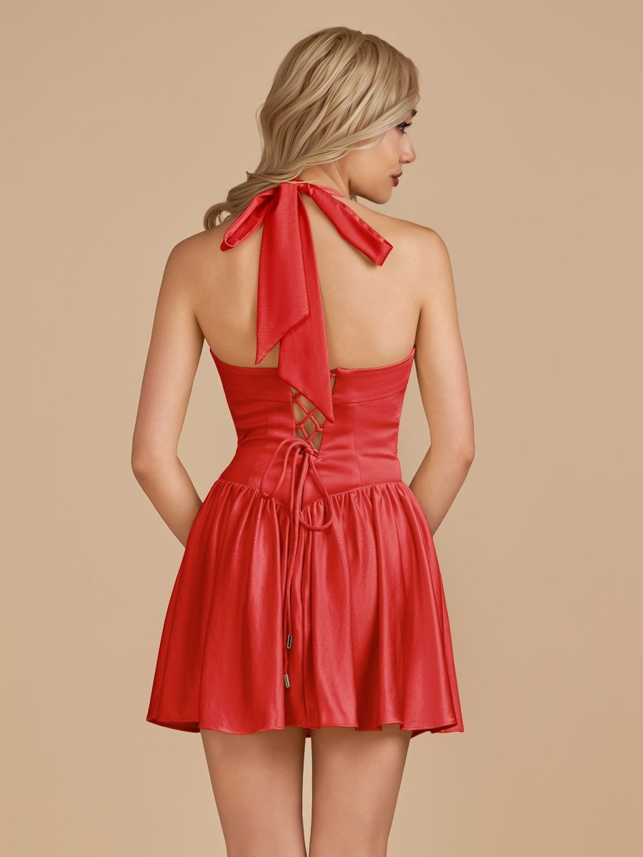 Sevoba|Red - Halter A Line Satin Short Homecoming Dress