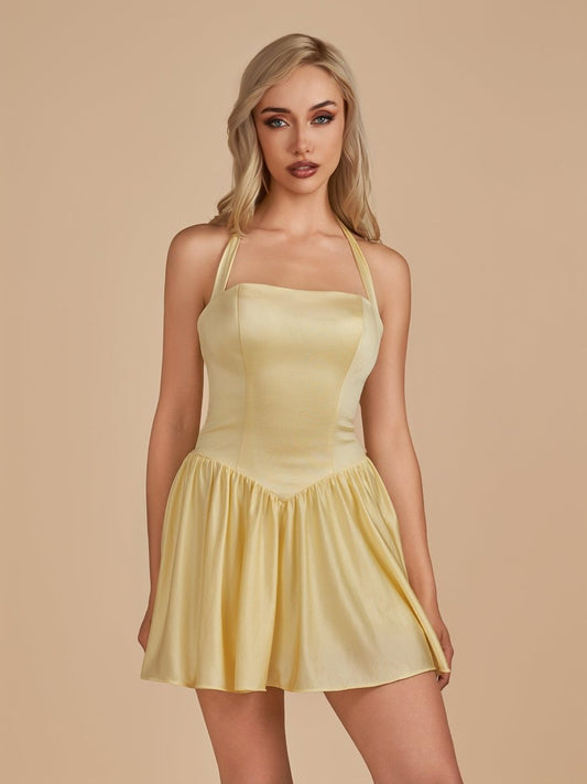 Sevoba|Yellow - Halter A Line Satin Short Homecoming Dress