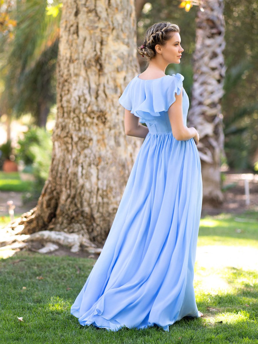 Sevoba|V-neck Asymmetric Top Chiffon Floor Bridesmaid Dress