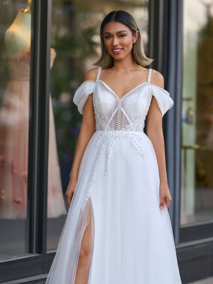 V-neck Pearl Embellished Floor Length Prom Dresses