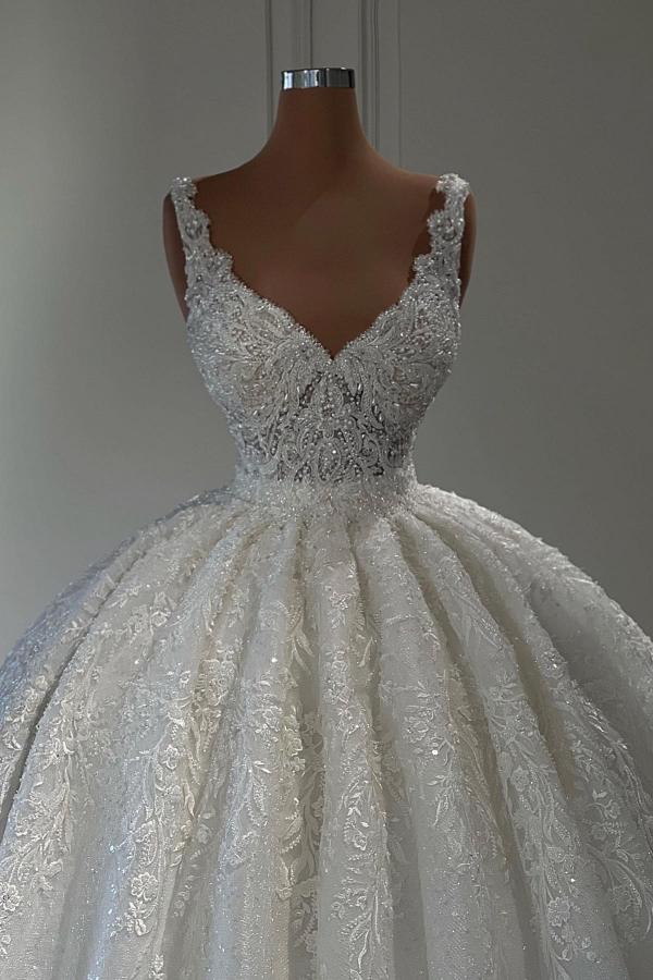 V-Neck Sleeveless Wedding Dress Ball Gown With Lace Appliques