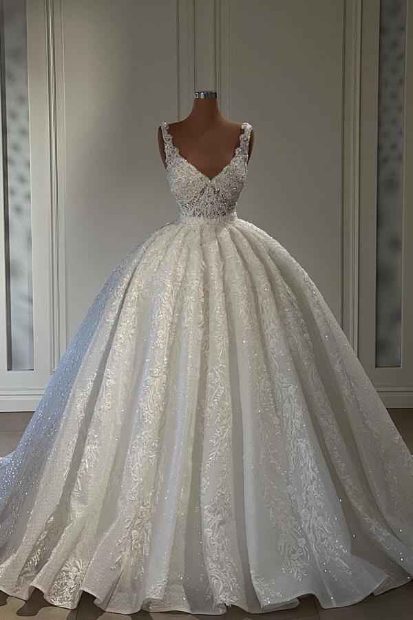 V-Neck Sleeveless Wedding Dress Ball Gown With Lace Appliques