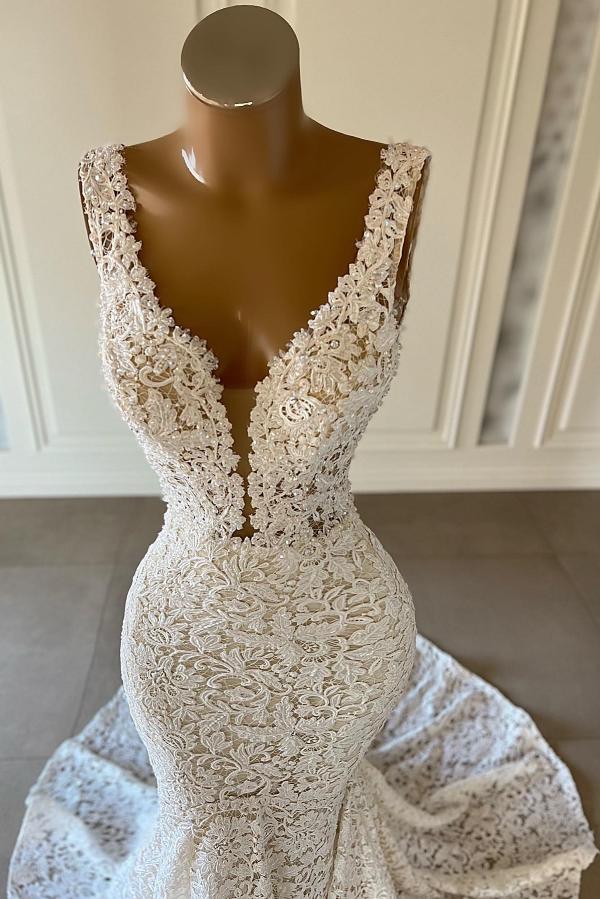 V-Neck Sleeveless Wedding Dress Mermaid Lace