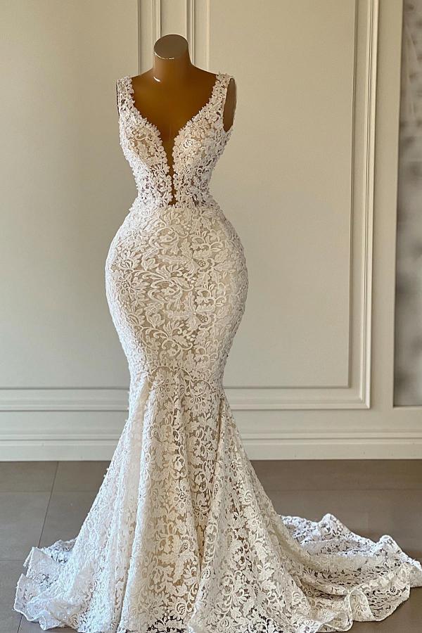 V-Neck Sleeveless Wedding Dress Mermaid Lace