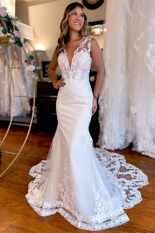 V-Neck White Wedding Dress Mermaid With Lace Appliques