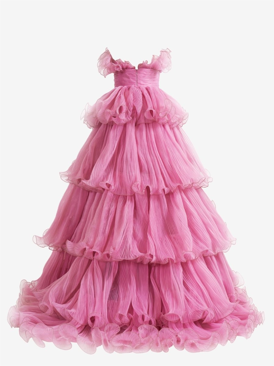 Sevoba|Pink Strapless A-Line Tiered Crinkled Tulle Prom Dress