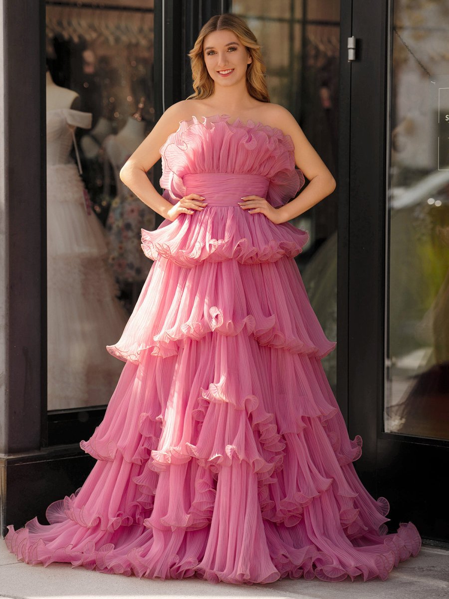 Sevoba|Pink Strapless A-Line Tiered Crinkled Tulle Prom Dress