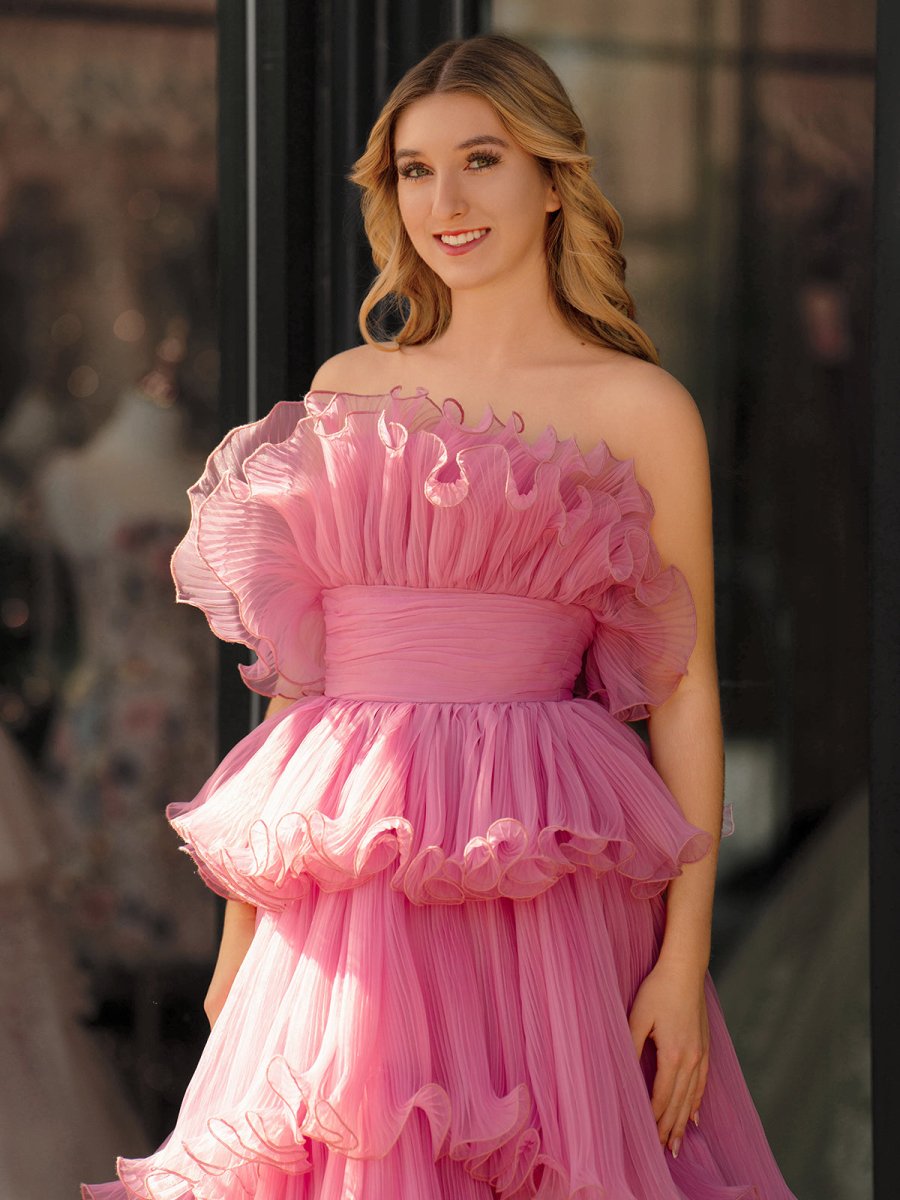 Sevoba|Pink Strapless A-Line Tiered Crinkled Tulle Prom Dress