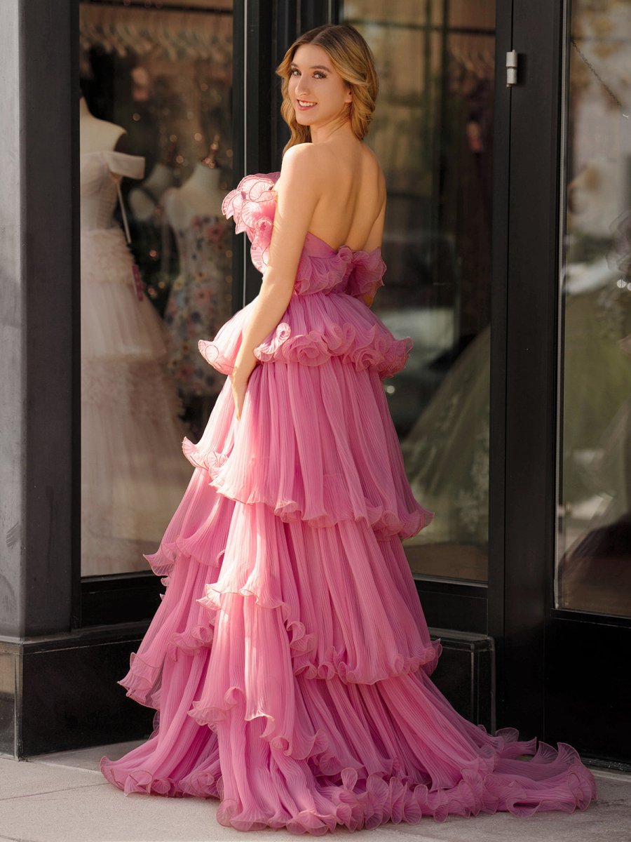 Sevoba|Pink Strapless A-Line Tiered Crinkled Tulle Prom Dress
