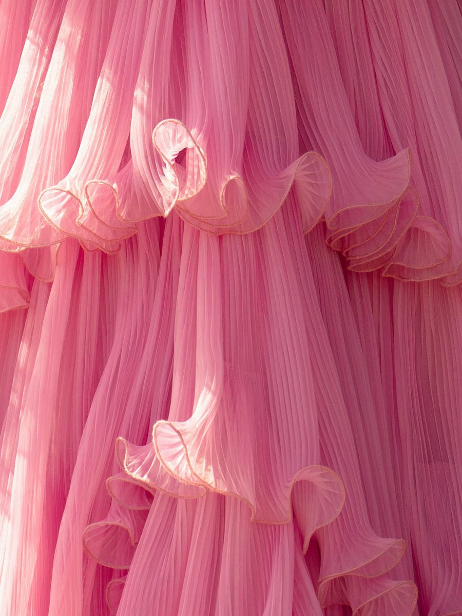 Sevoba|Pink Strapless A-Line Tiered Crinkled Tulle Prom Dress