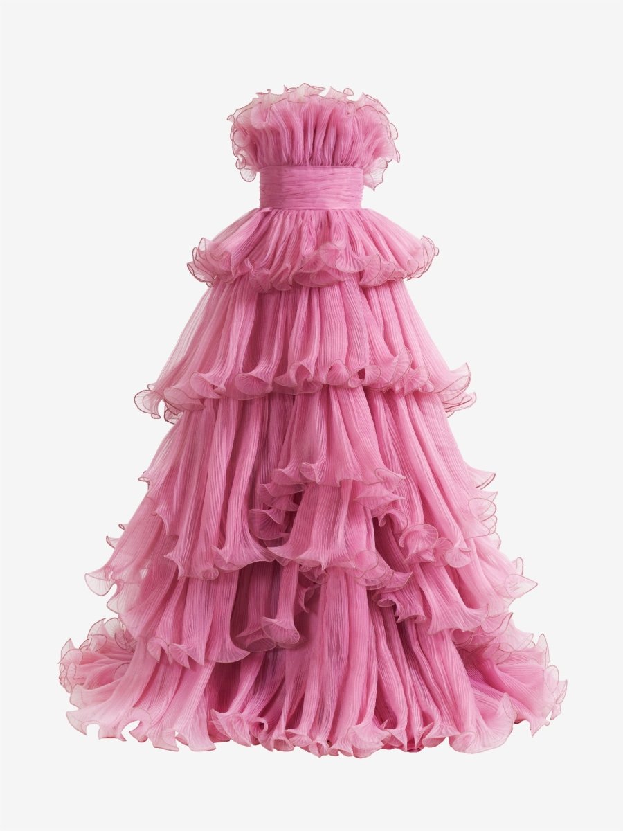 Sevoba|Pink Strapless A-Line Tiered Crinkled Tulle Prom Dress