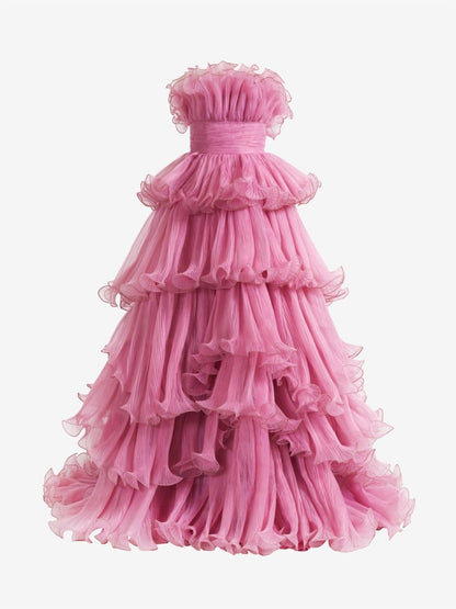Sevoba|Pink Strapless A-Line Tiered Crinkled Tulle Prom Dress