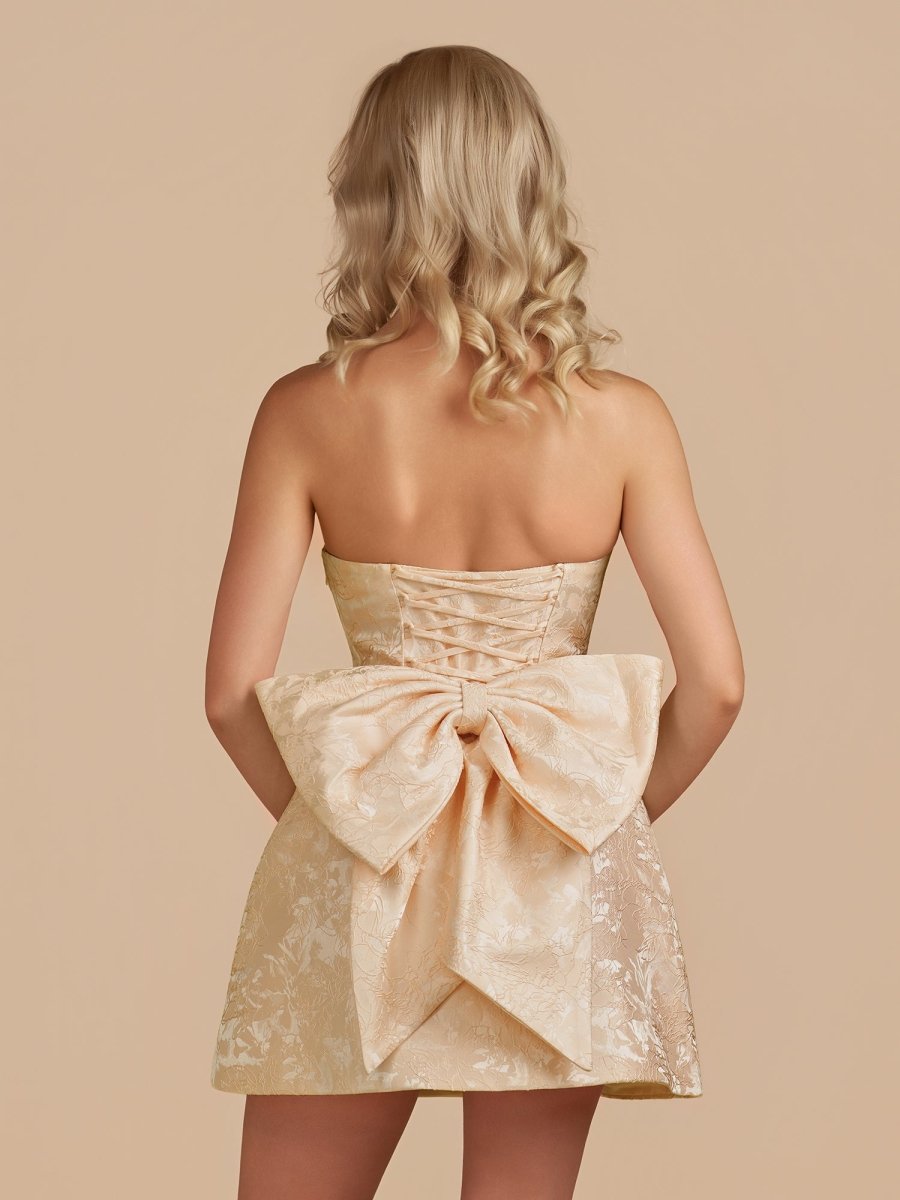 Sevoba|Champagne - Strapless Satin A Line Homecoming Dress With Bowknot