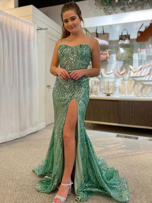 Green Spaghetti Straps Sequins Mermaid Prom Dress with Slit