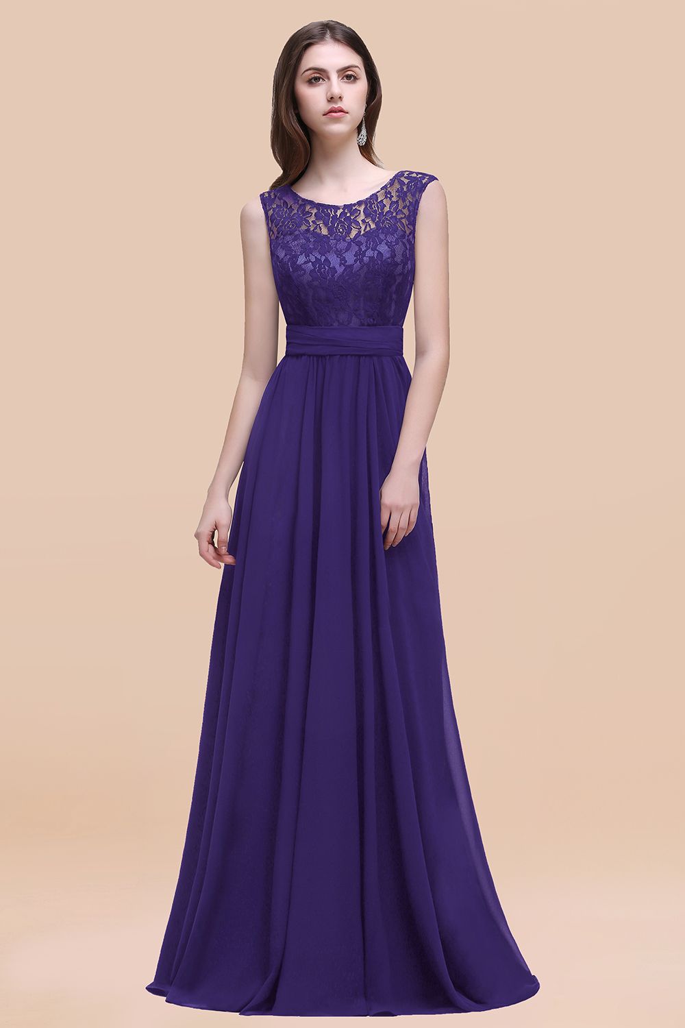 Vintage Lace Scoop Sleeveless Dark Blue Bridesmaid Dresses with V-Back