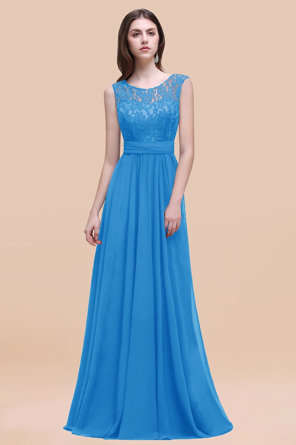 Vintage Lace Scoop Sleeveless Dark Blue Bridesmaid Dresses with V-Back