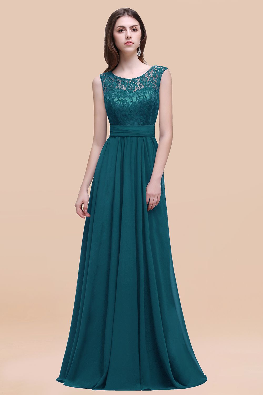 Vintage Lace Scoop Sleeveless Dark Blue Bridesmaid Dresses with V-Back