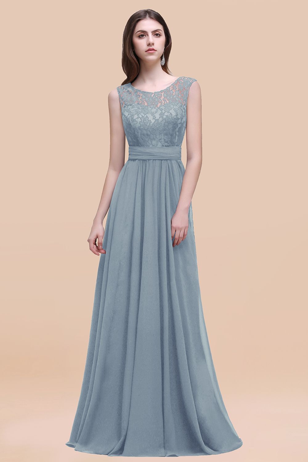 Vintage Lace Scoop Sleeveless Dark Blue Bridesmaid Dresses with V-Back