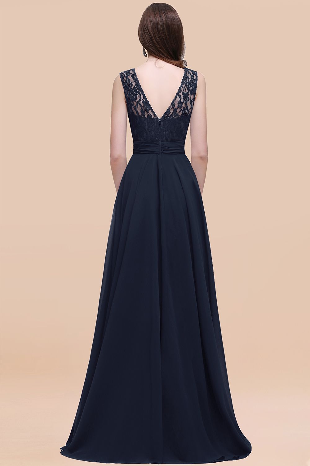 Vintage Lace Scoop Sleeveless Dark Blue Bridesmaid Dresses with V-Back