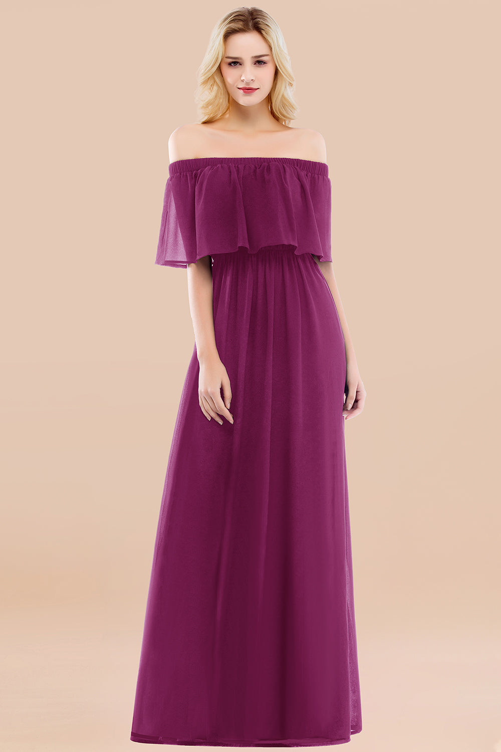 Vintage Off-the-Shoulder Long Burgundy Bridesmaid Dresses with Ruffle