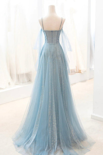 Kathryn | Dusty Blue Sparkly Tulle Long Prom Dress, A-Line Spaghetti Strap Evening Dress