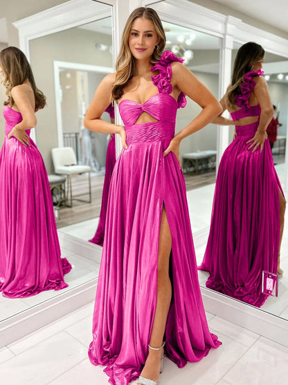 Wallis | A-Line Fuchsia One Shoulder Keyhole Pleated Metallic Prom Dress with Slit