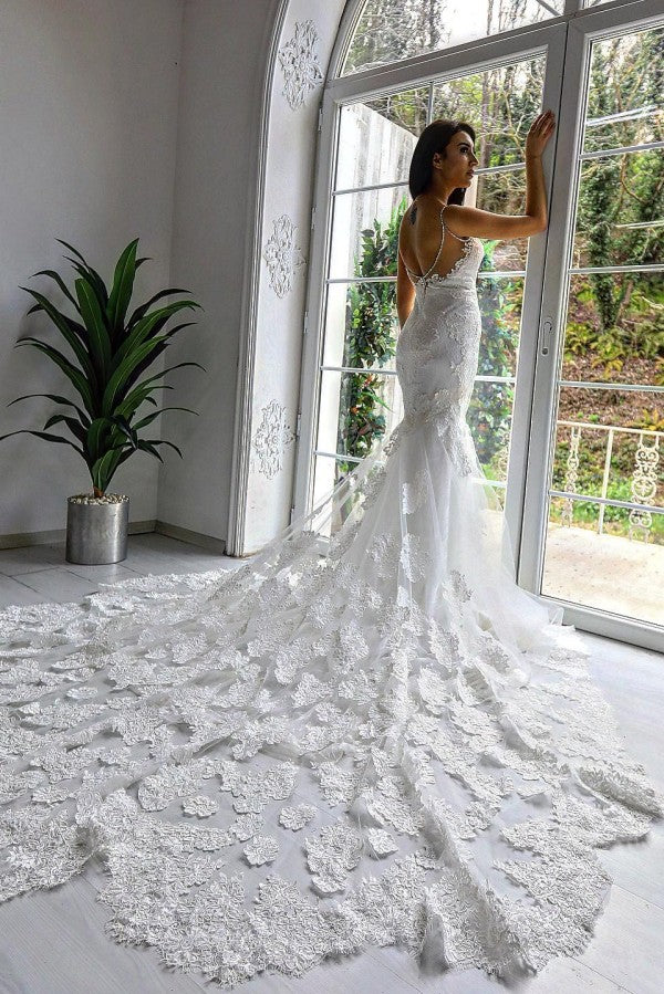 White Lace Wedding Dress Mermaid Sleeveless Long Train