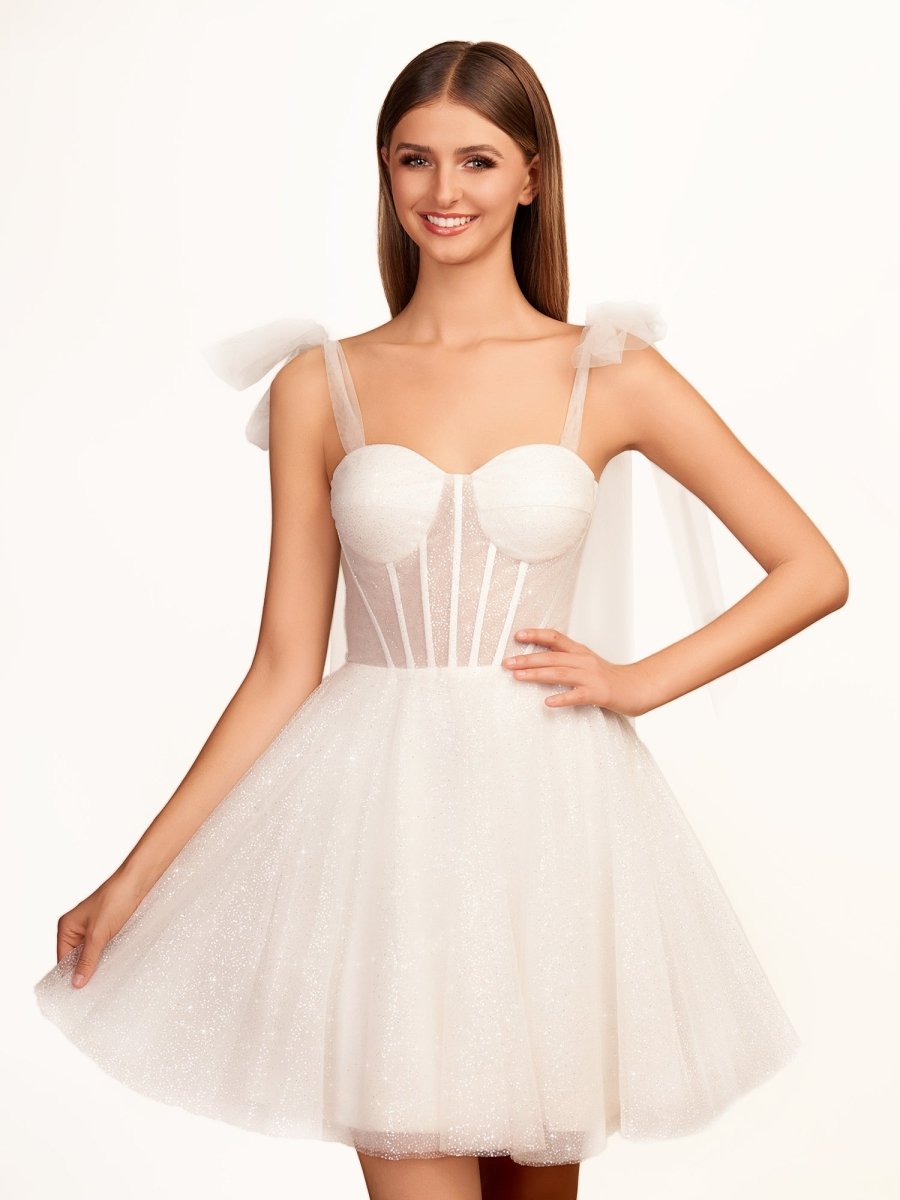 Sevoba|A-Line Tie Shoulder Ivory Spraying Short Party Dress