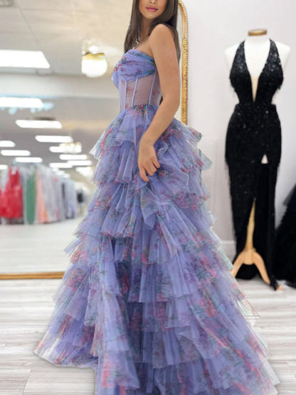 Wilda | Purple Strapless A Line Tulle Printed Ruffle Tiered Prom Dresses With Slit