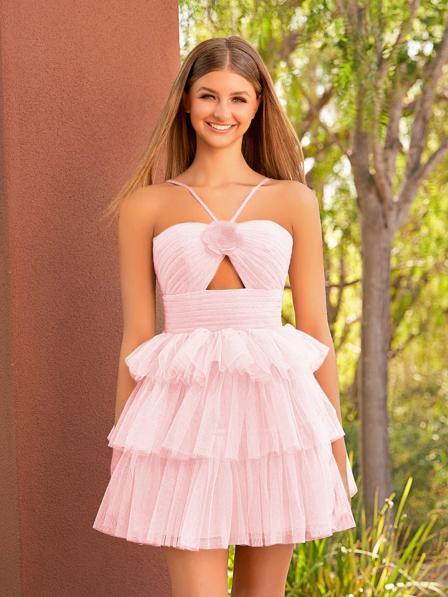 Sevoba|A Line Tulle Orange Keyhole Halter Short Homecoming Dress with Ruffles