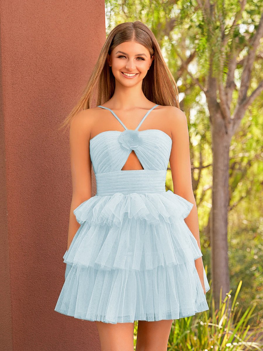 Sevoba|A Line Tulle Orange Keyhole Halter Short Homecoming Dress with Ruffles