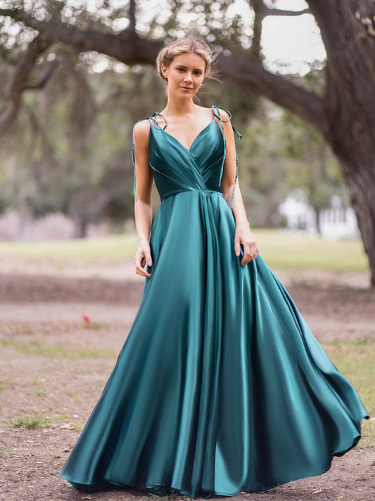 Wrap Satin A-Line Floor Length Evening Dress