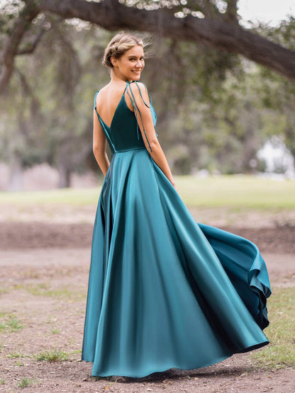 Wrap Satin A-Line Floor Length Evening Dress