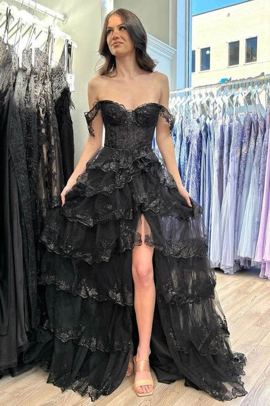 Black Off the Shoulder Lace Appliques Tiered Prom Dress with Slit