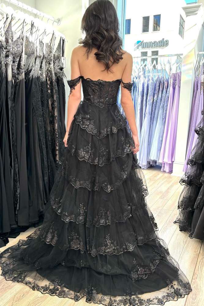 Black Off the Shoulder Lace Appliques Tiered Prom Dress with Slit