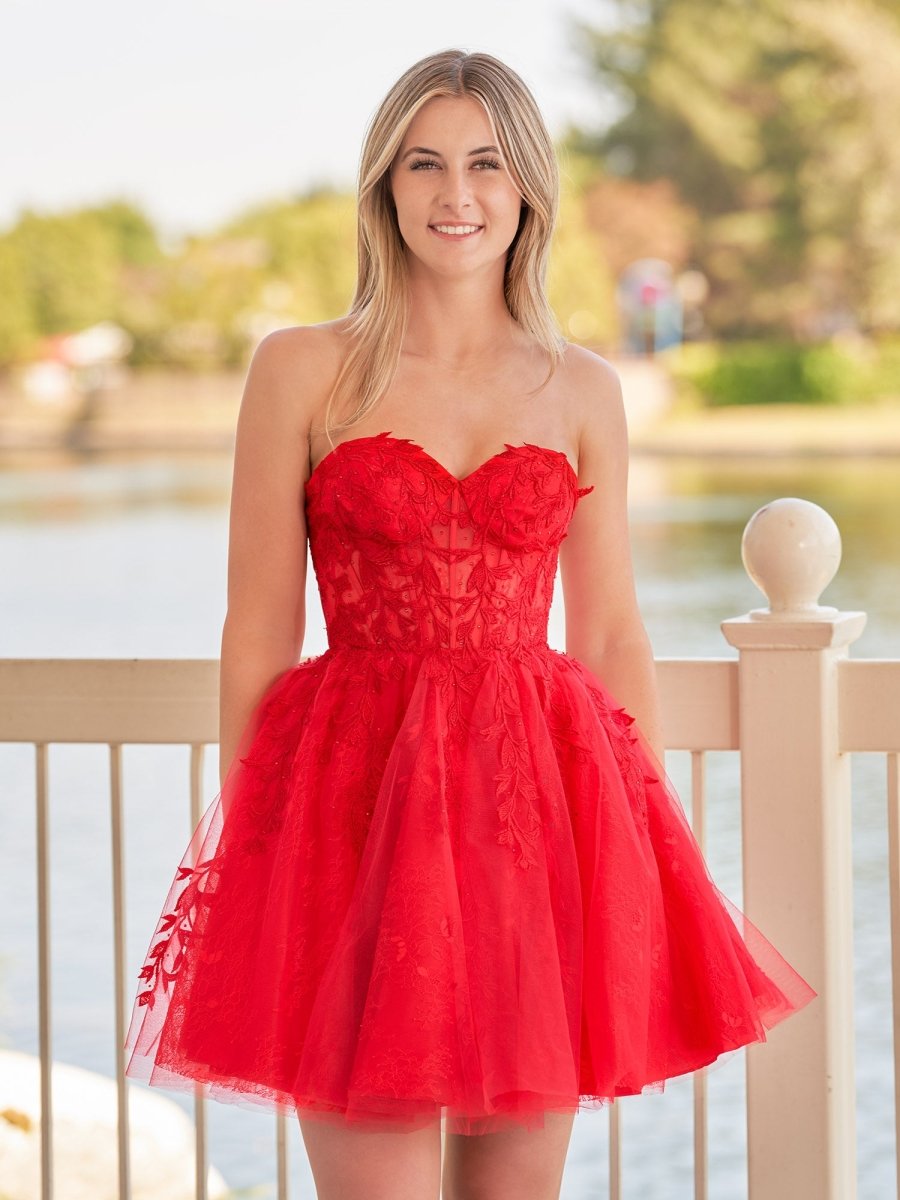 Sevoba|A-line Red Sweetheart Appliques Lace Homecoming Dress With Corset Back