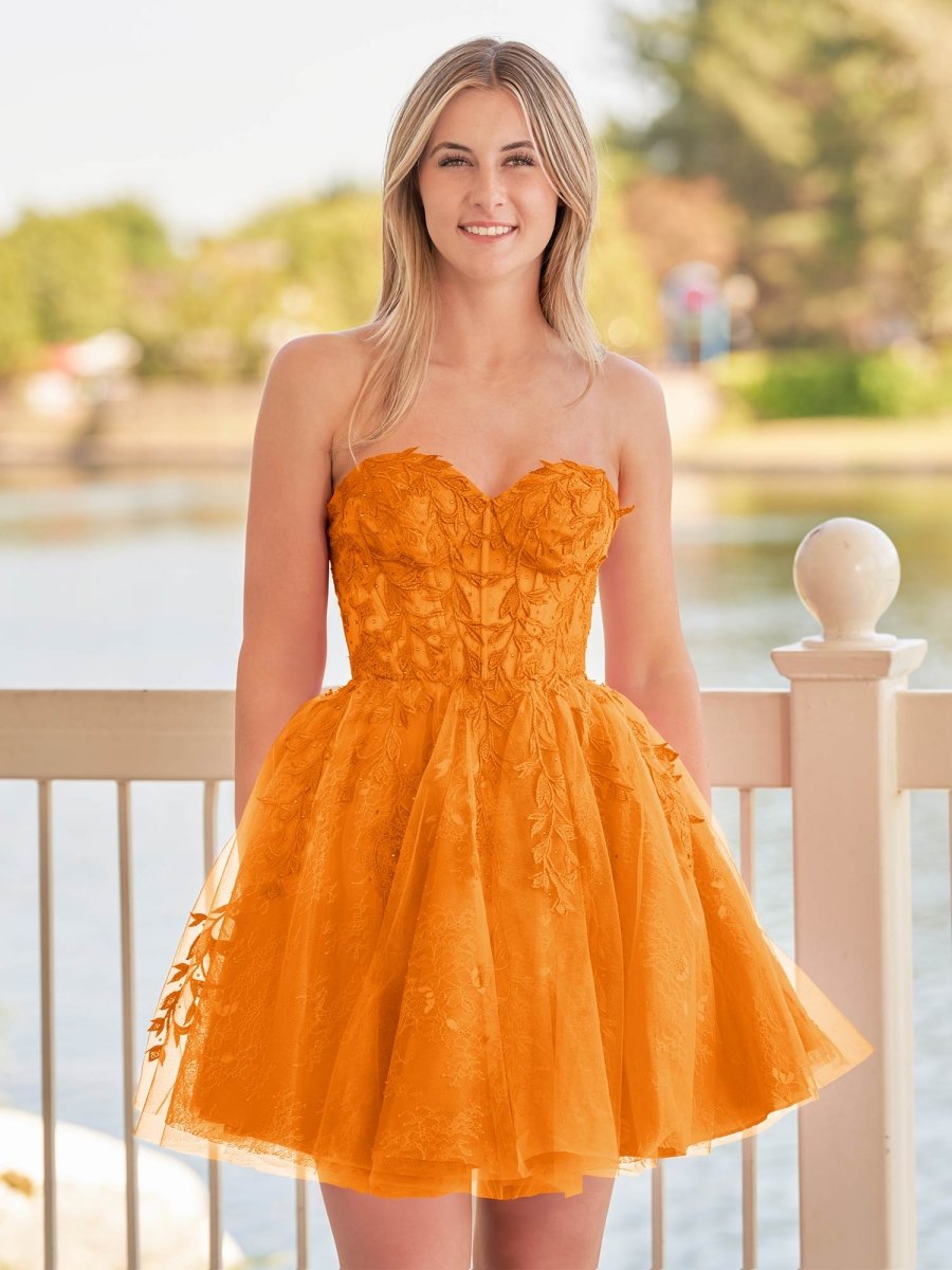 Sevoba|A-line Red Sweetheart Appliques Lace Homecoming Dress With Corset Back