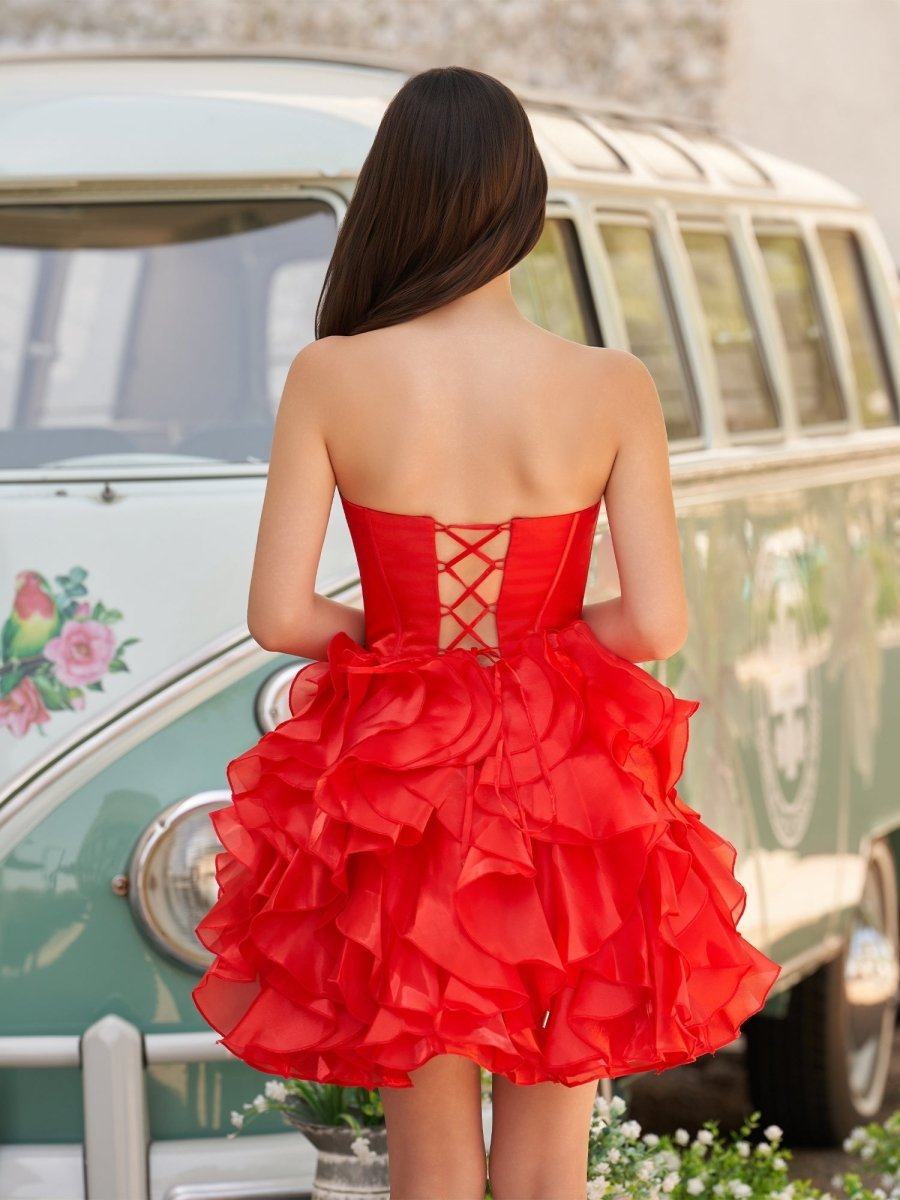 Sevoba|Red - A Line Strapless Corset Ruffles Short Homecoming Dresses with Bows