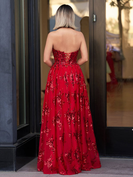 Sevoba|A Line Strapless Pleating Long Prom Dress With Applique