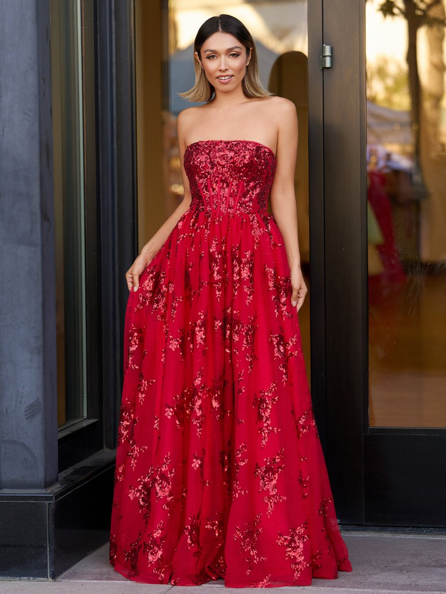 Sevoba|A Line Strapless Pleating Long Prom Dress With Applique