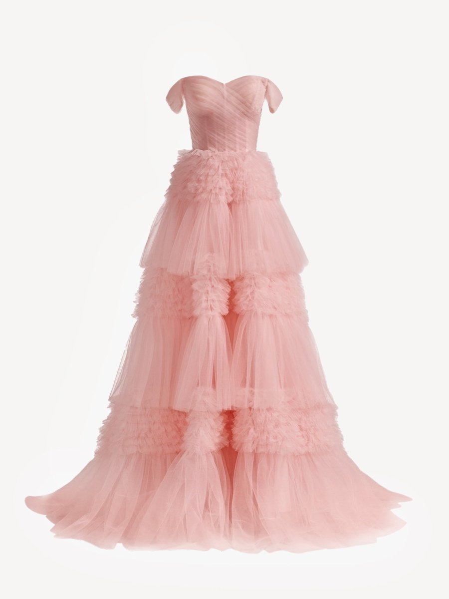Sevoba|Blush Princess A line Off Shoulder Ruffled Tulle Prom Dress