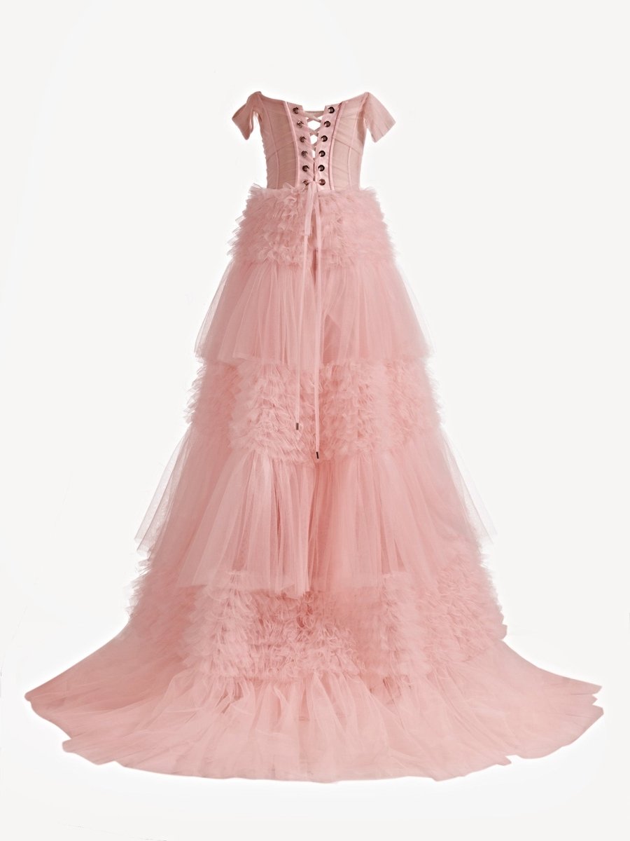 Sevoba|Blush Princess A line Off Shoulder Ruffled Tulle Prom Dress