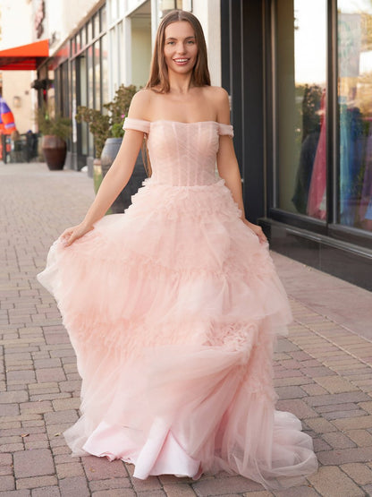 Sevoba|Blush Princess A line Off Shoulder Ruffled Tulle Prom Dress