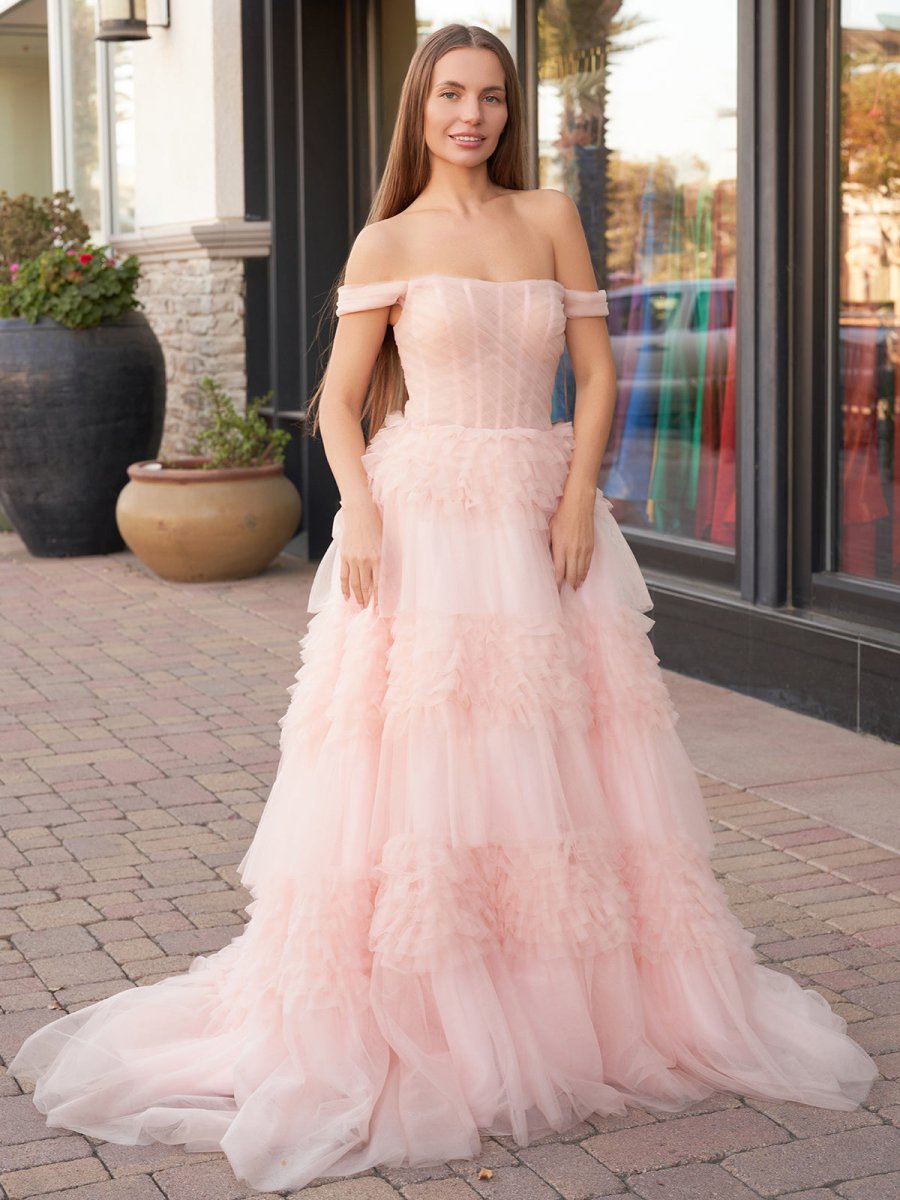 Sevoba|Blush Princess A line Off Shoulder Ruffled Tulle Prom Dress